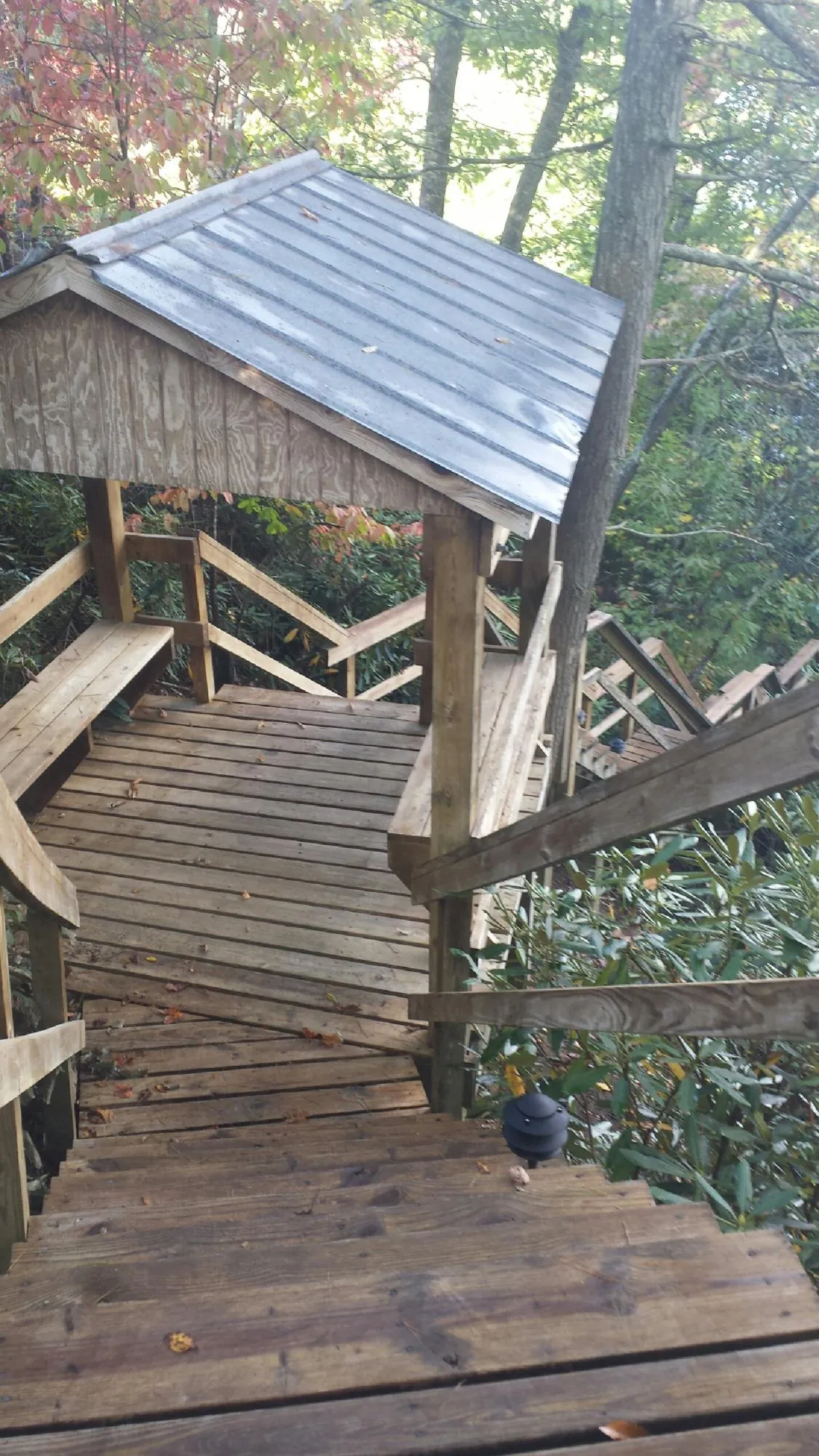 Metal roofed shelter over wooden steps on a wooded walkway — Skylight Repair & Installation work by our crew in Salado